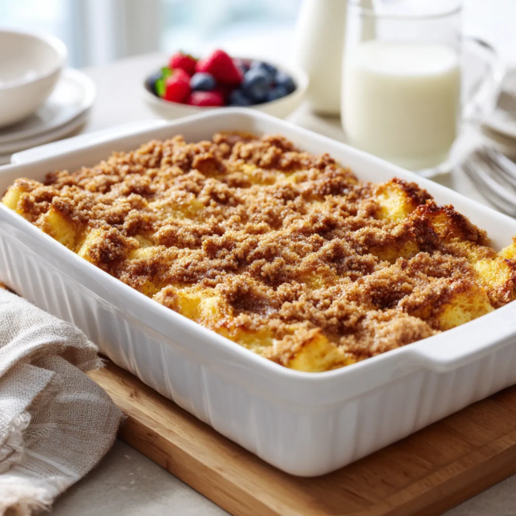 cinnamon french toast casserole with soft center and crisp topping
