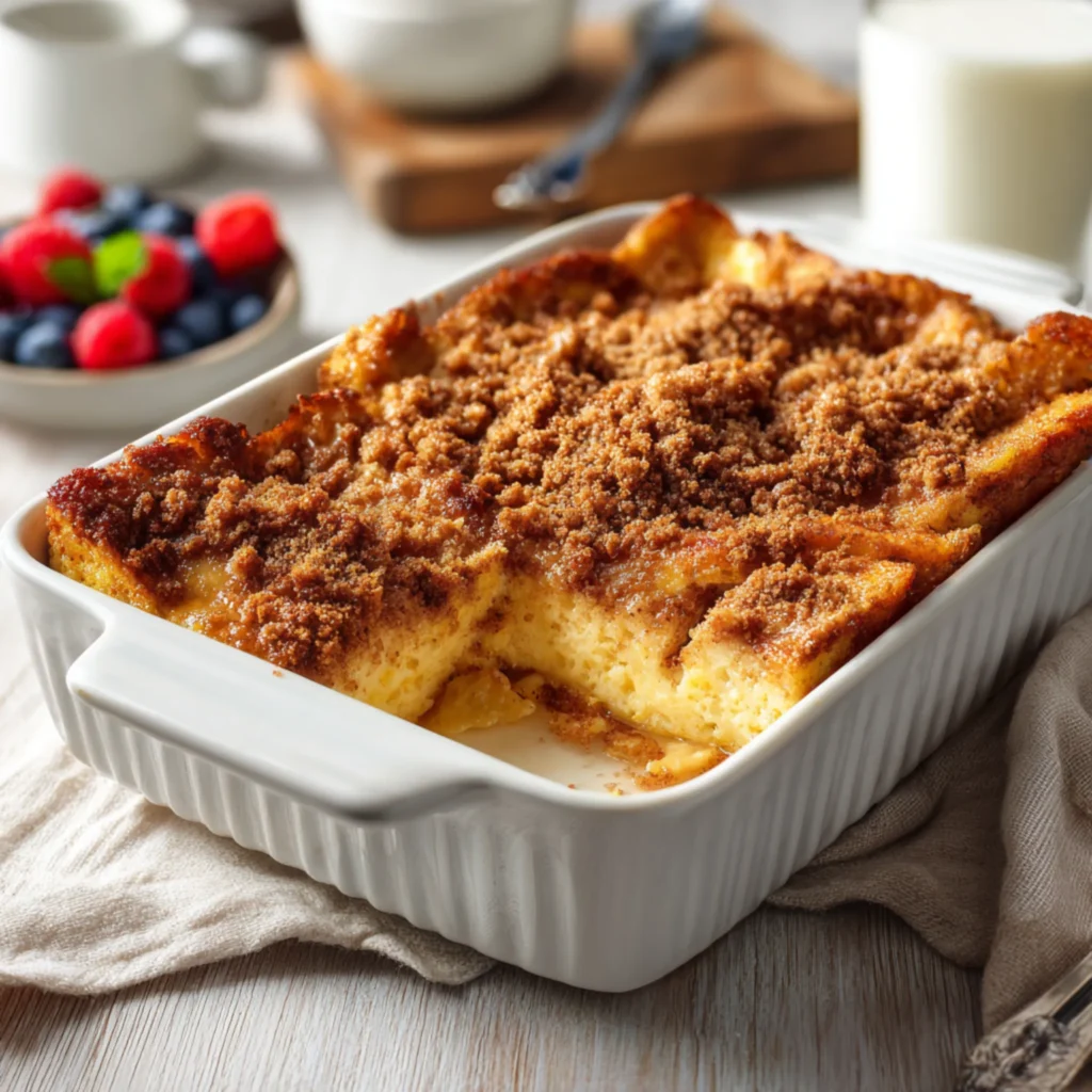 baked french toast with crumble topping and creamy texture