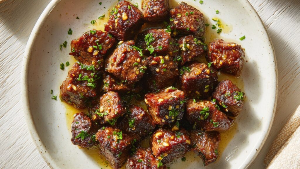 garlic butter steak bites with herbs on plate