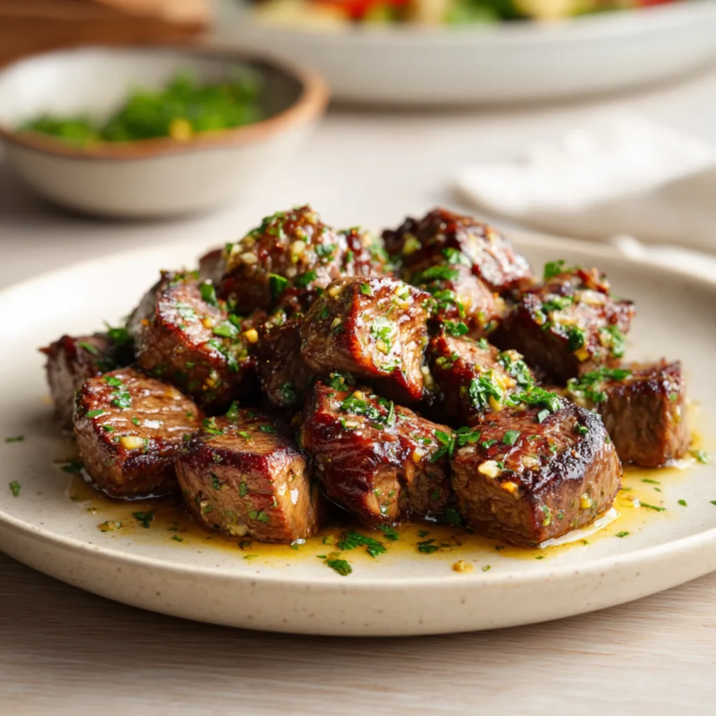 steak bites with garlic butter sauce on plate