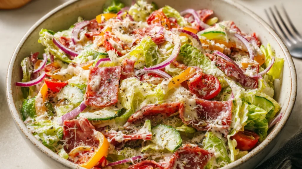 chopped italian grinder salad with lettuce salami tomato and parmesan