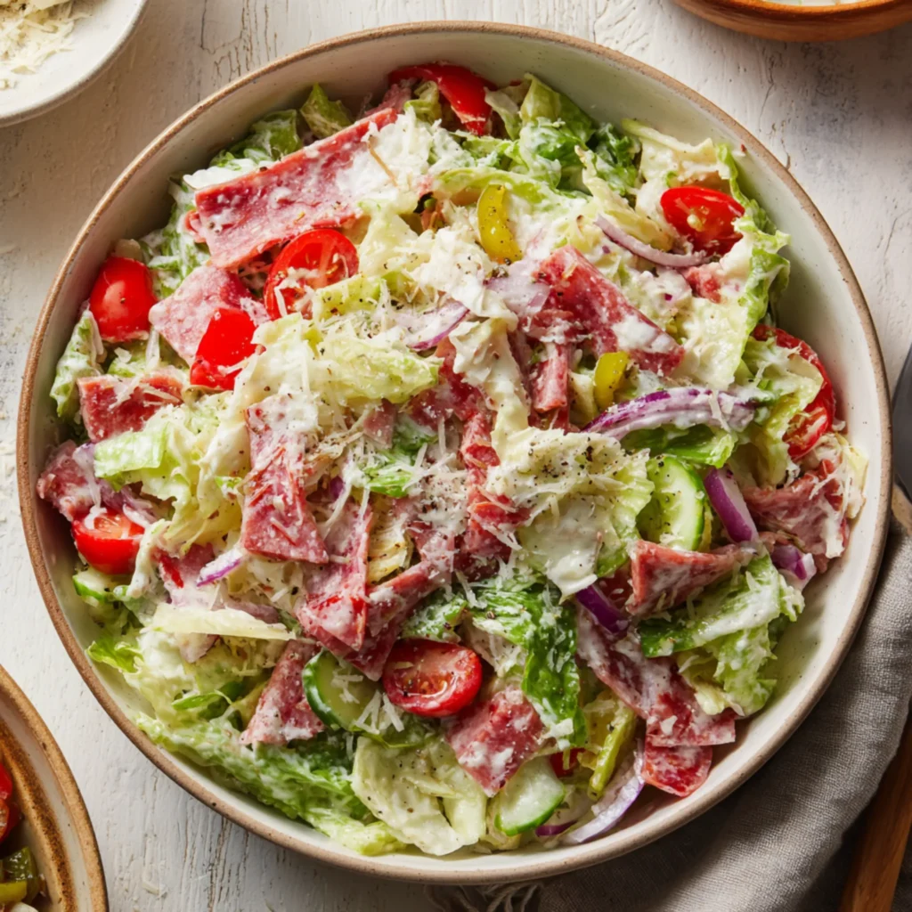creamy italian grinder salad with salami tomato onion and parmesan