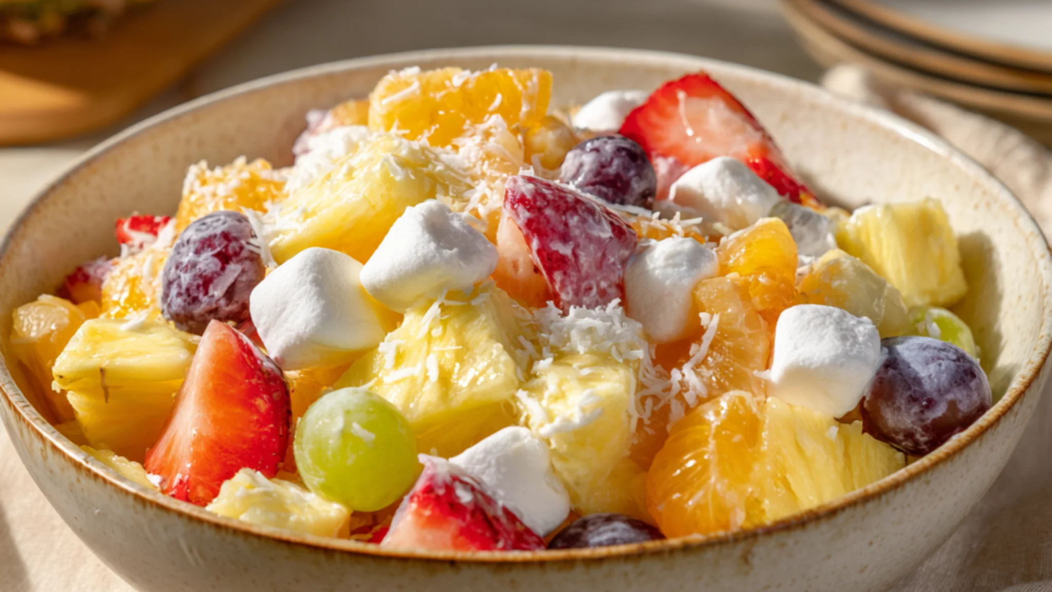 Hawaiian fruit salad with pineapple strawberries grapes and marshmallows