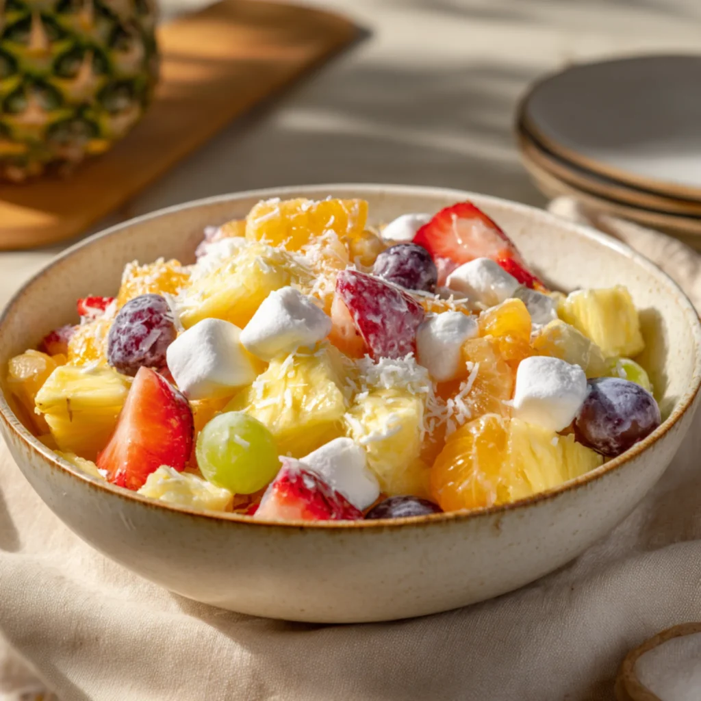 Tropical fruit salad with pineapple grapes strawberries and creamy topping