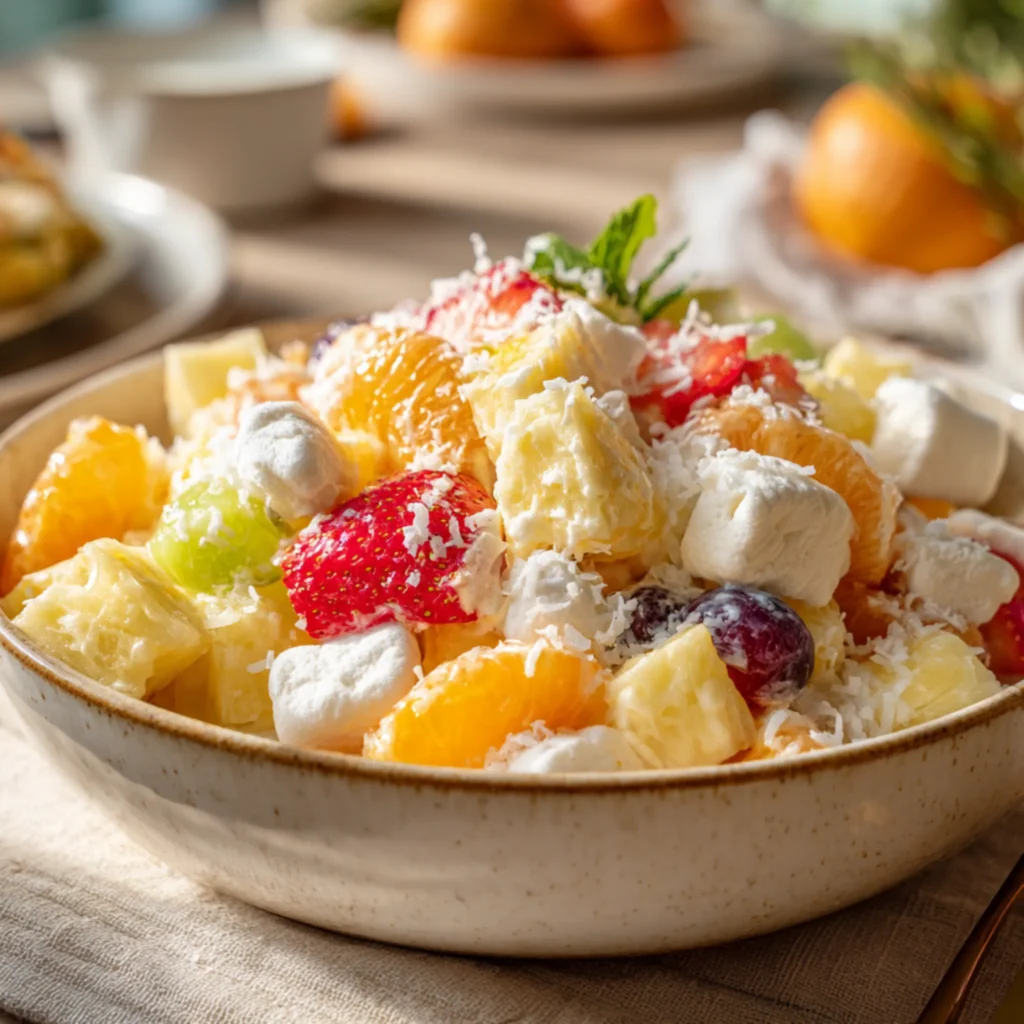 Creamy fruit salad with pineapple strawberries grapes and shredded coconut