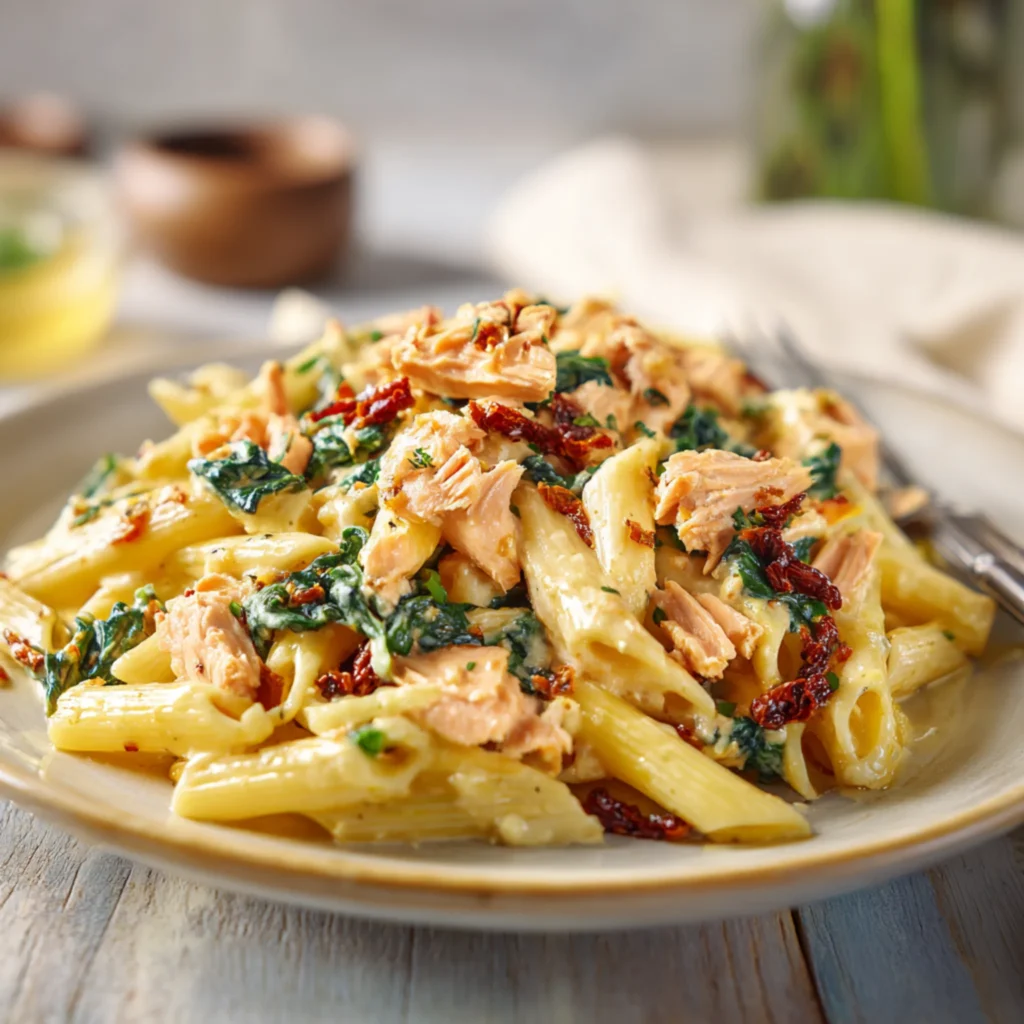 salmon penne pasta with sun dried tomatoes and creamy sauce