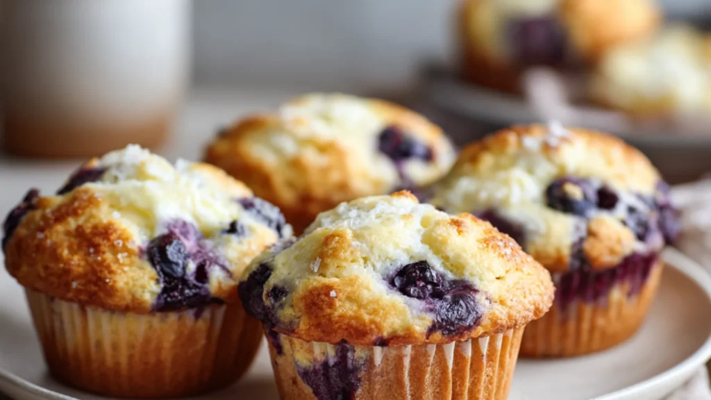 blueberry cream cheese muffins with golden tops and juicy berries