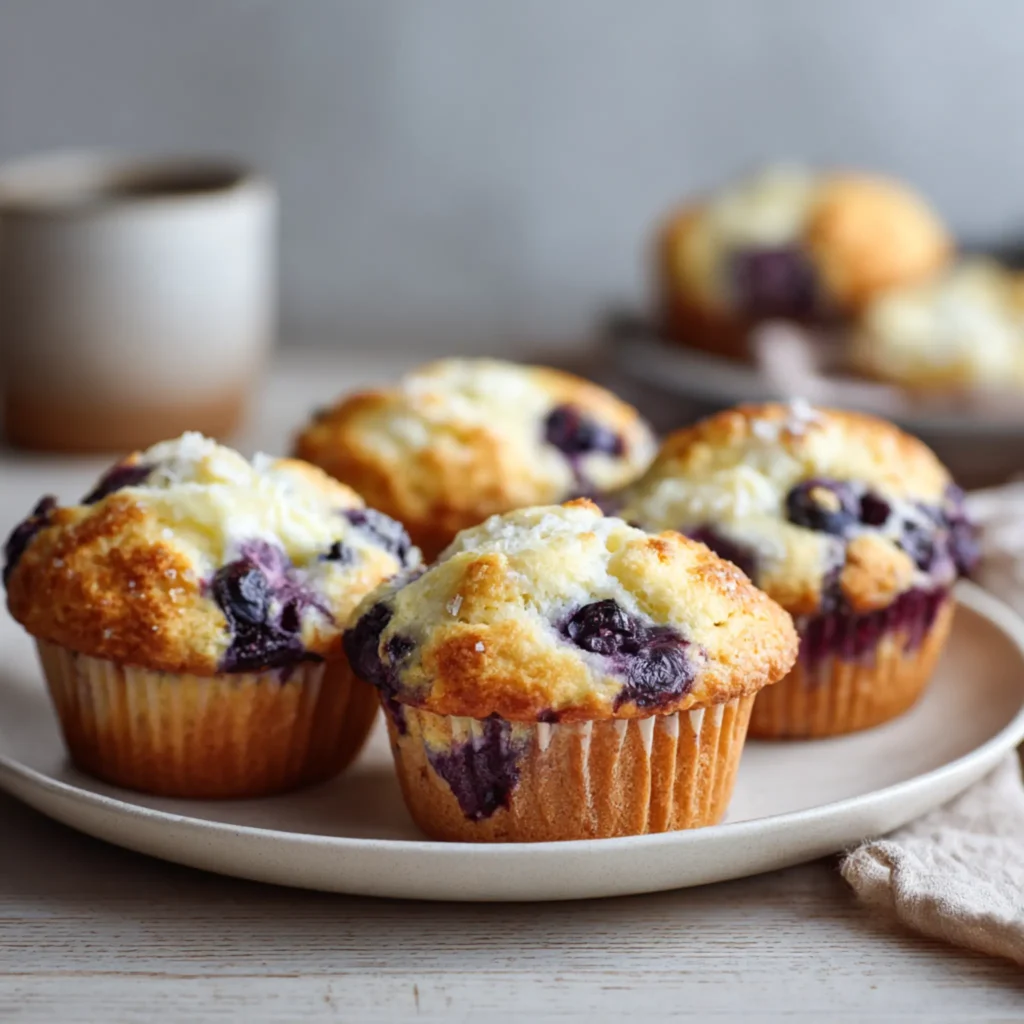 homemade blueberry muffins with cream cheese topping and soft texture