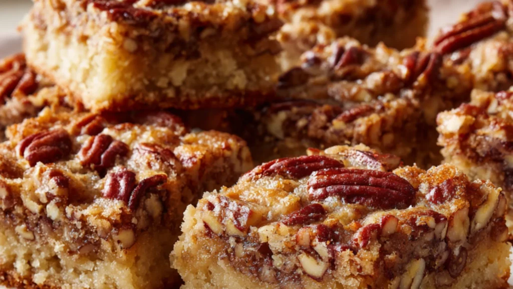 pecan pie bars with soft center and crunchy topping