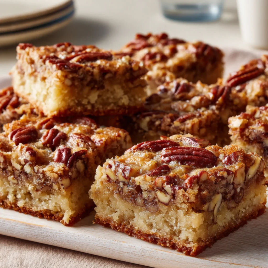 pecan dessert bars with golden crust and nut topping