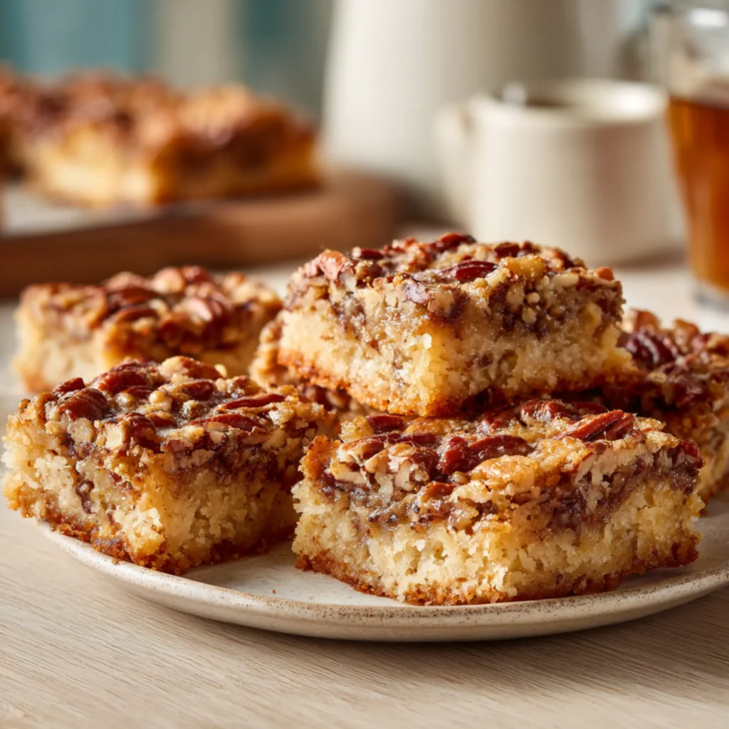 homemade pecan bars served on plate with coffee