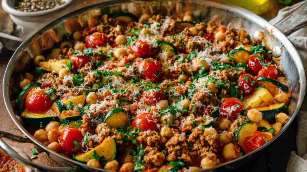 ground turkey chickpea zucchini skillet with tomatoes and herbs