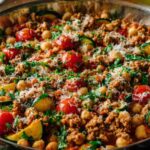 ground turkey chickpea zucchini skillet with tomatoes and herbs