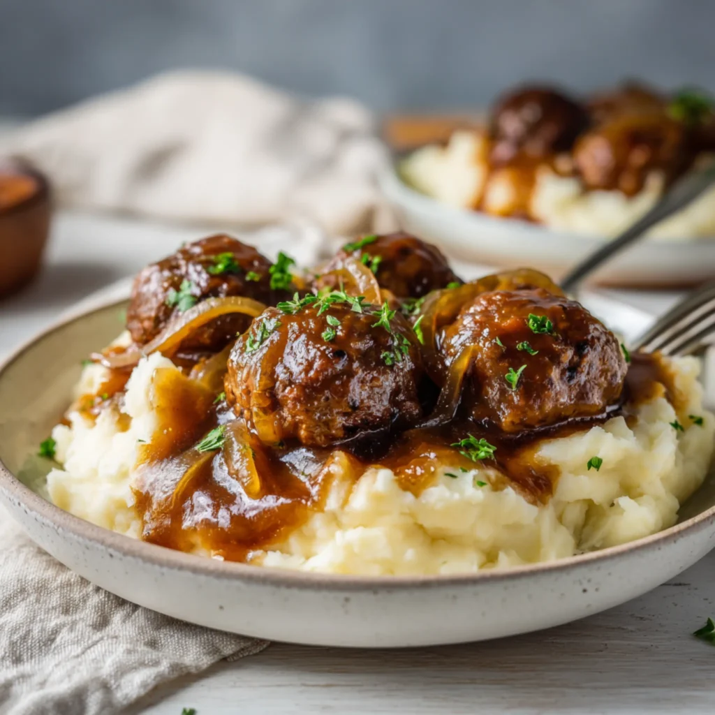 hearty meatballs with gravy on mashed potatoes in a warm dinner bowl