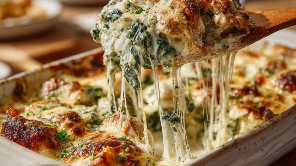 creamy chicken spinach casserole with melted cheese stretch and golden crust
