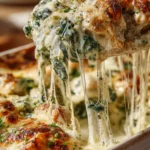 creamy chicken spinach casserole with melted cheese stretch and golden crust