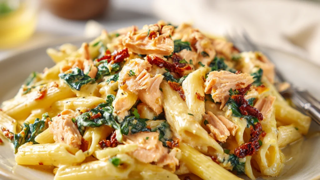 creamy salmon penne pasta with spinach and sun dried tomatoes
