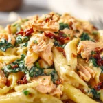 creamy salmon penne pasta with spinach and sun dried tomatoes