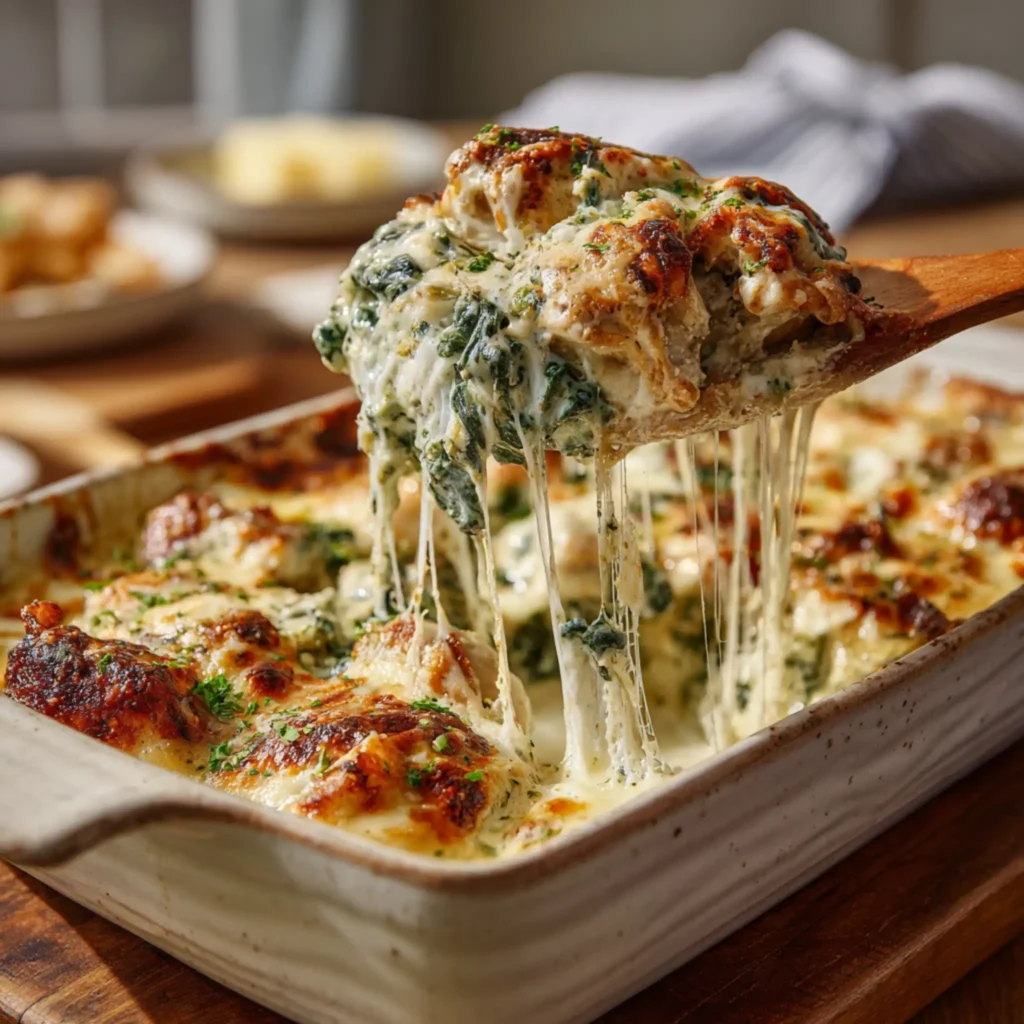 cheesy chicken spinach casserole slice with melted cheese stretch