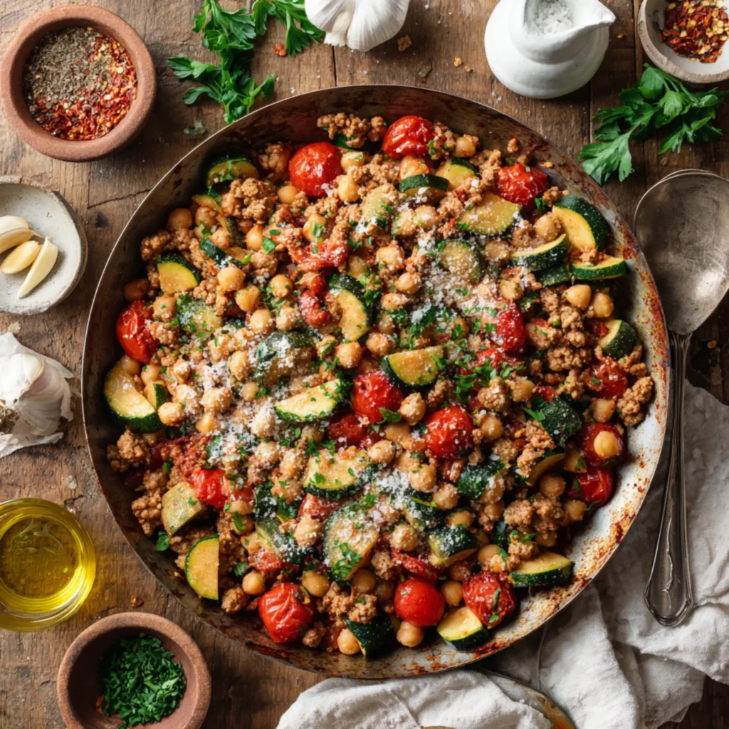 chickpea turkey zucchini skillet with herbs and cheese