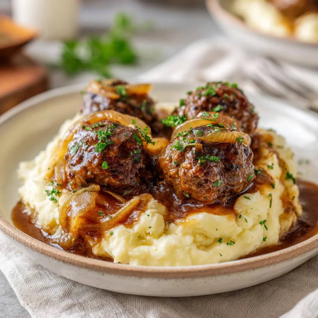 homemade beef meatballs topped with onion gravy over mashed potatoes