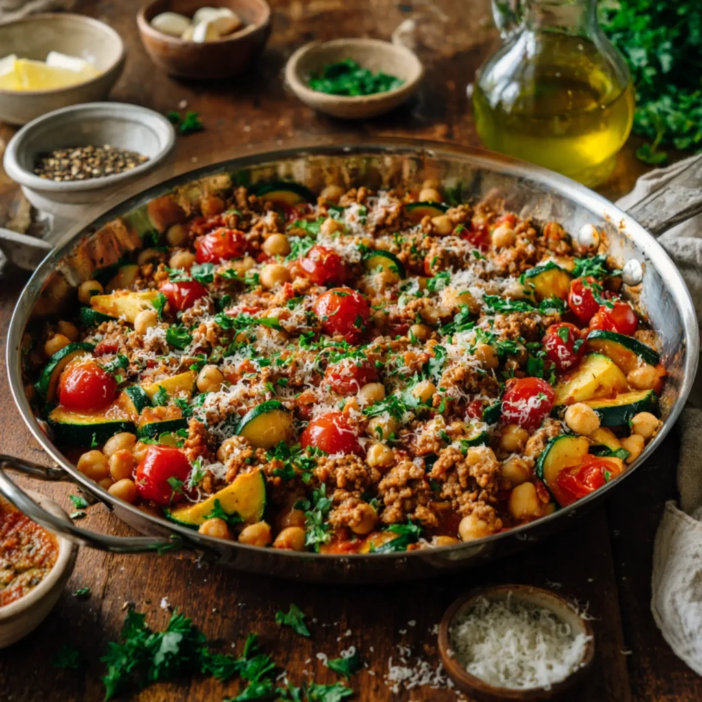 turkey chickpea zucchini skillet with herbs and tomatoes