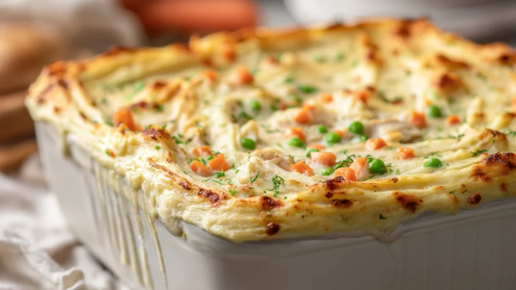 creamy chicken pot pie casserole with vegetables and golden baked top