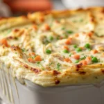 creamy chicken pot pie casserole with vegetables and golden baked top