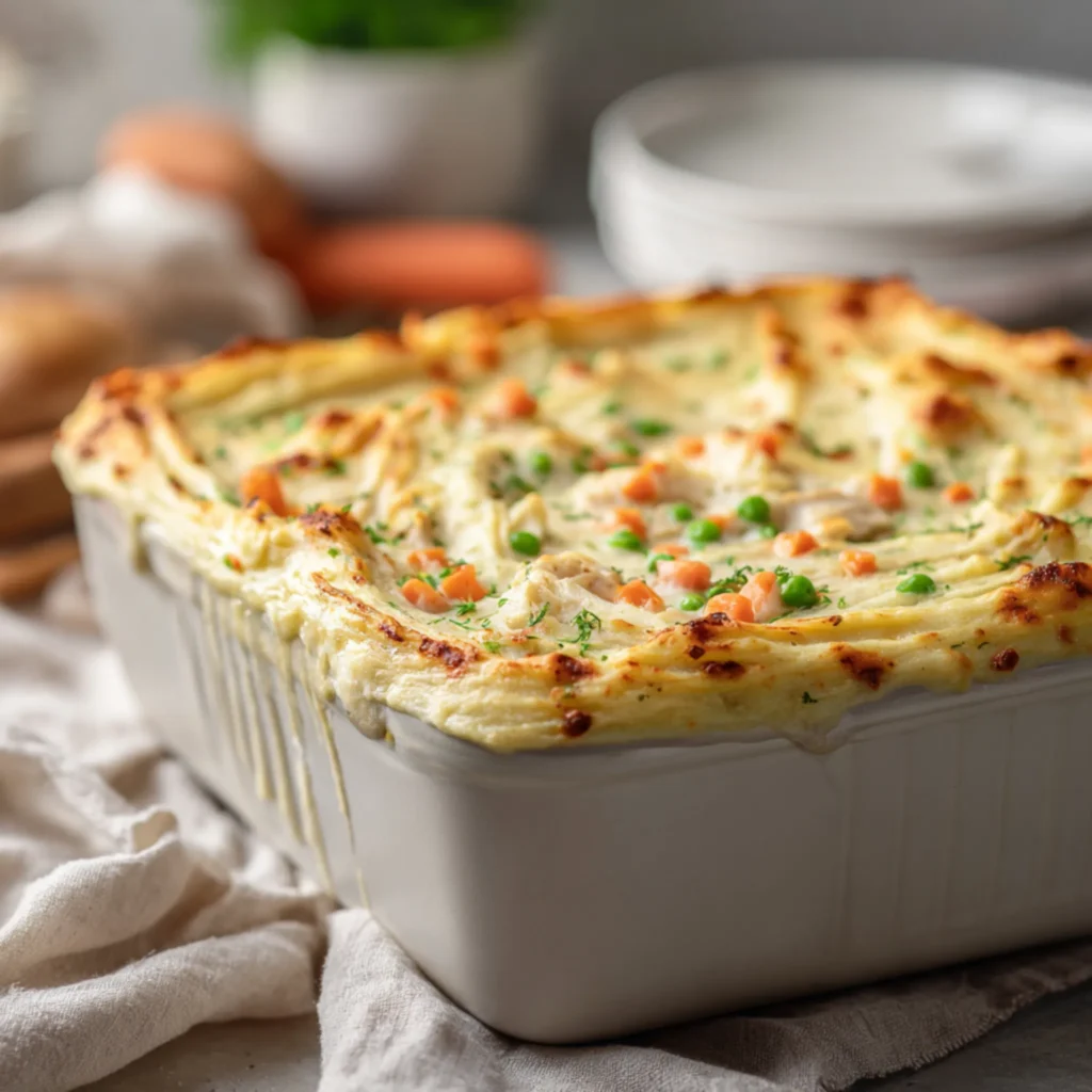homemade chicken pot pie casserole in a baking dish with creamy texture