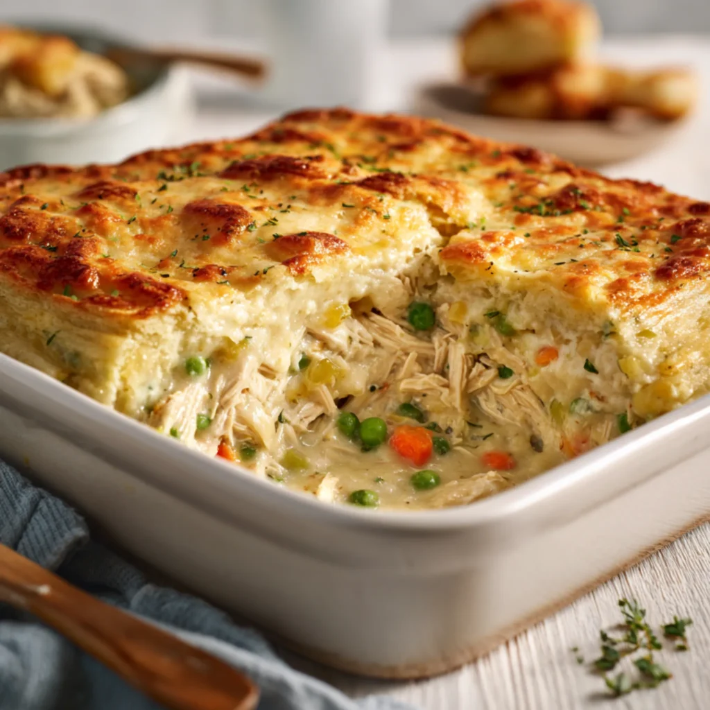 chicken pot pie with creamy filling and vegetables served in a dish