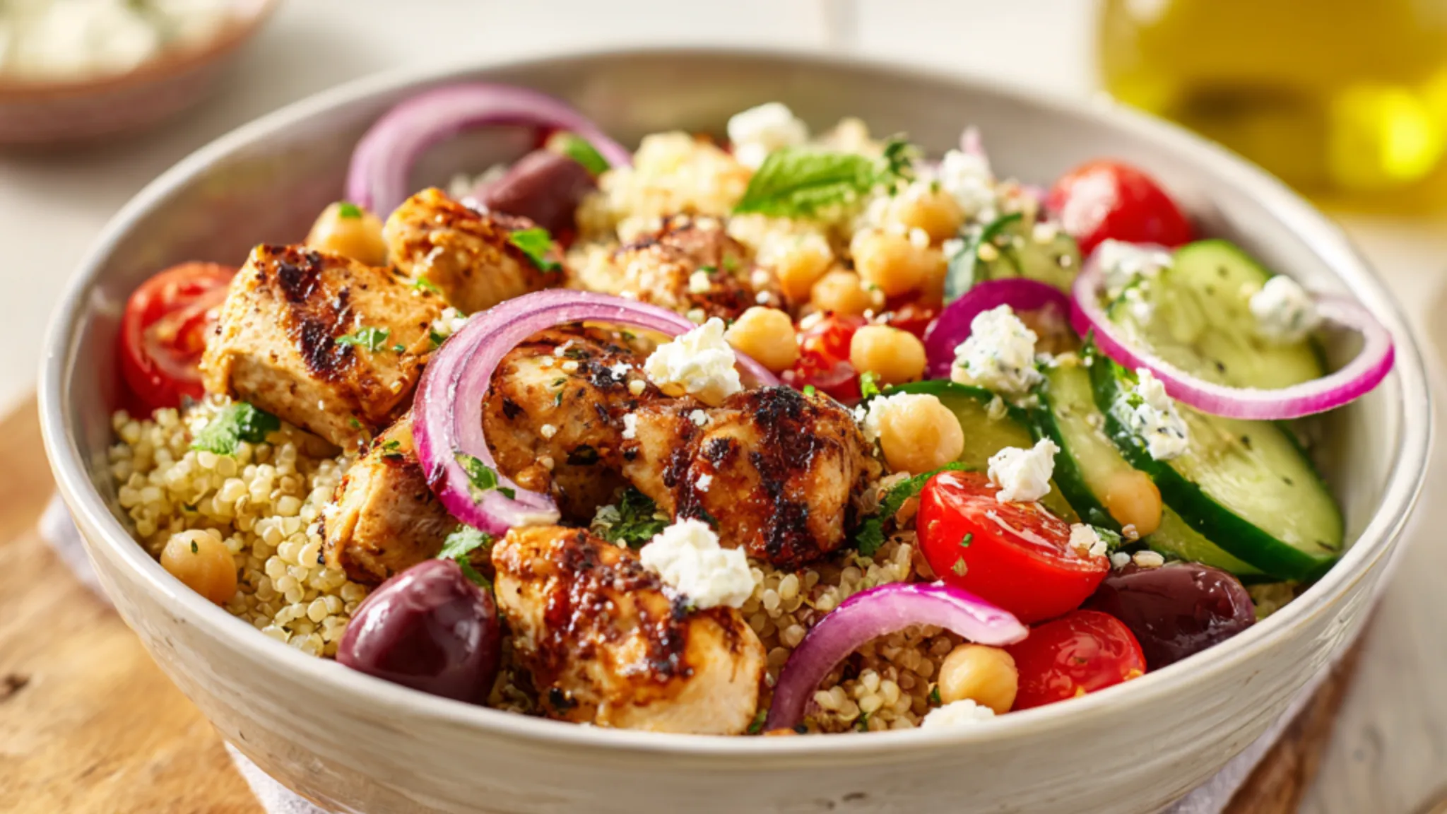 Greek chicken quinoa bowl with chickpeas, feta cheese and fresh vegetables