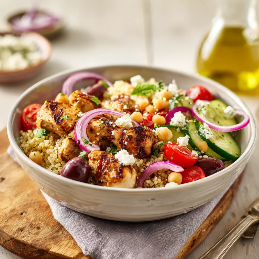 Greek chicken bowl with quinoa, chickpeas and feta cheese