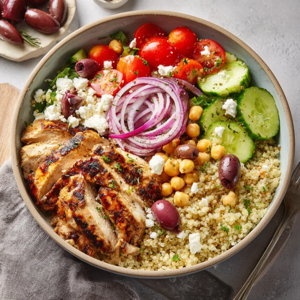Quinoa chicken bowl with chickpeas, cucumber, tomatoes and feta