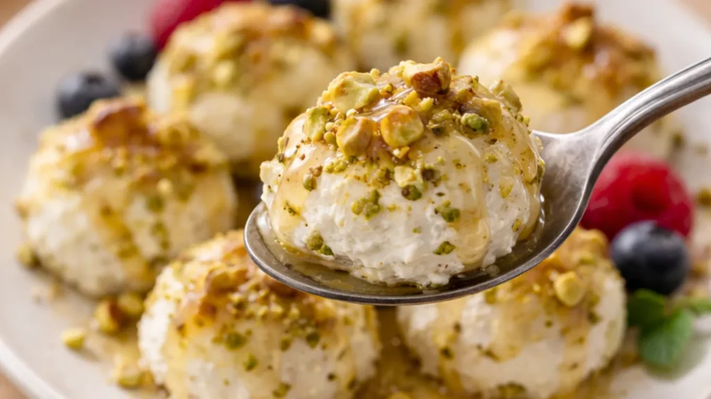 ricotta pistachio honey bites served on plate with fresh berries