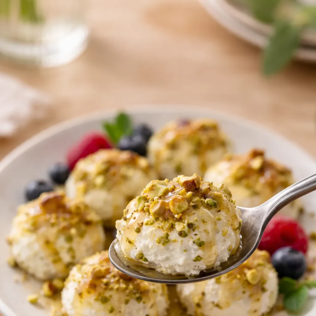 creamy ricotta balls with pistachio topping and honey drizzle