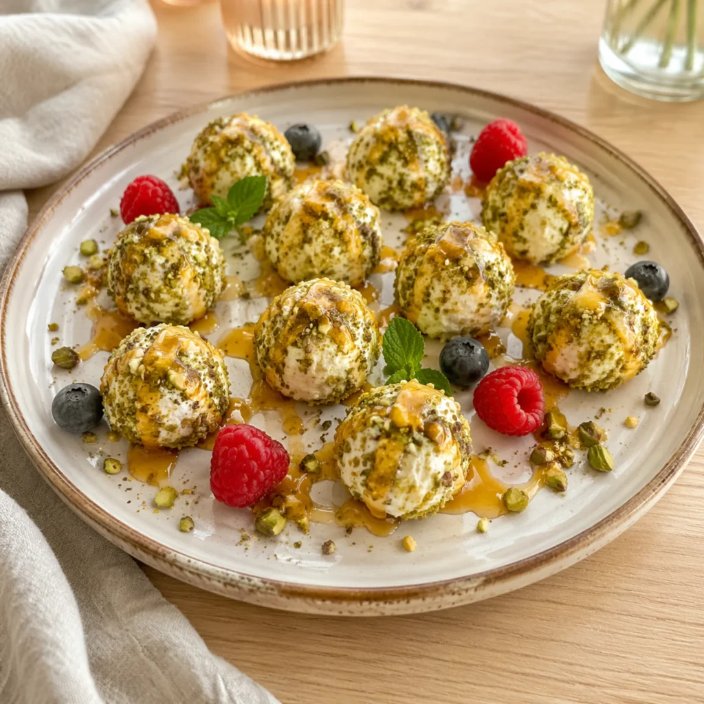 plate of ricotta pistachio honey bites with berries and mint