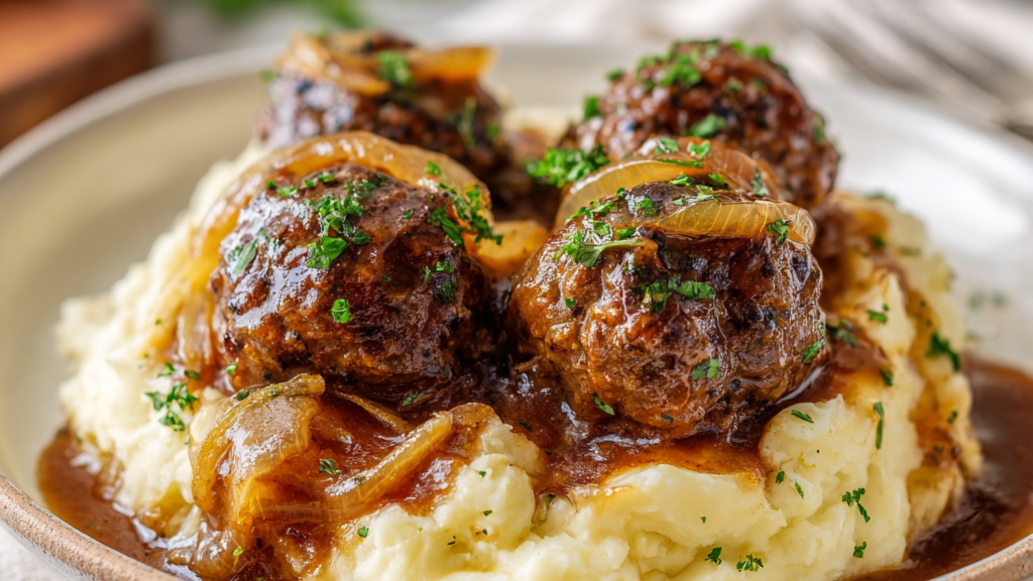 salisbury steak meatballs with onion gravy on mashed potatoes