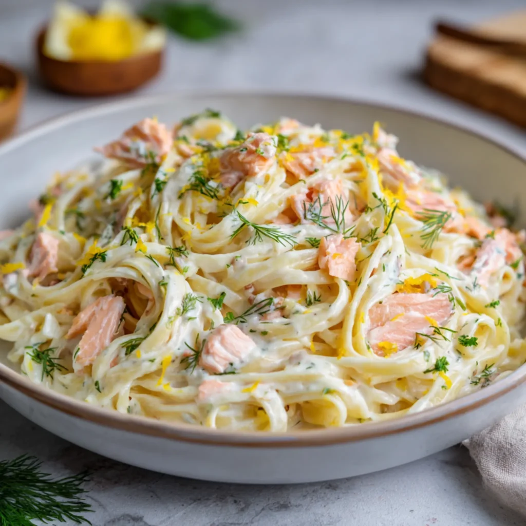 smoked salmon pasta with creamy sauce and fresh dill