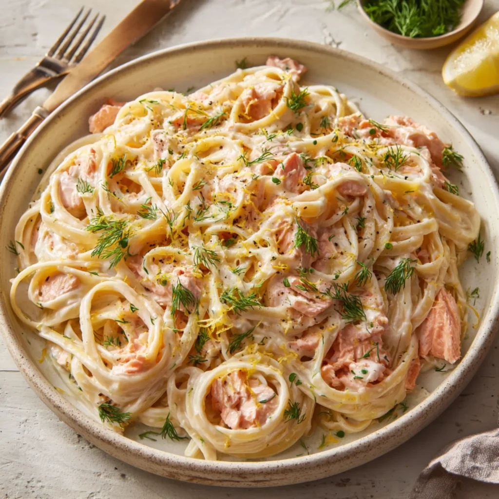 creamy salmon pasta with herbs and lemon zest