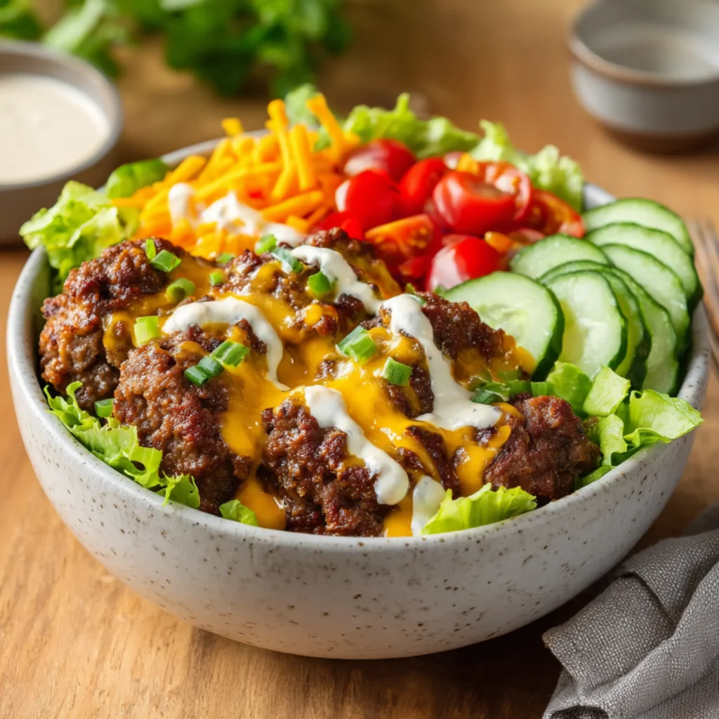 burger bowl with ground beef, cheddar cheese and fresh salad