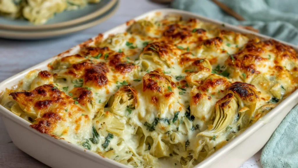spinach artichoke chicken casserole with melted cheese and creamy sauce