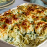 spinach artichoke chicken casserole with melted cheese and creamy sauce