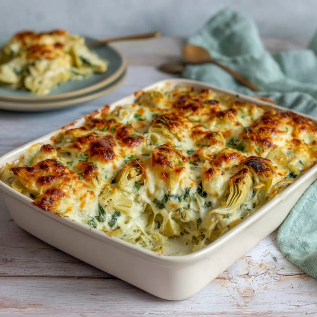 chicken casserole with spinach, artichokes and creamy sauce