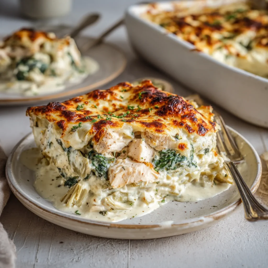 creamy chicken casserole slice with spinach and artichokes