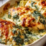 spinach artichoke chicken bake with melted cheese and creamy sauce