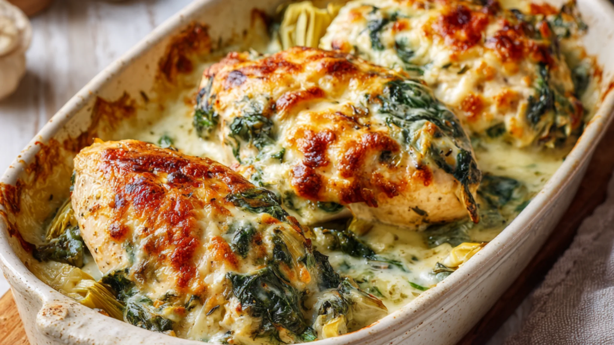 spinach artichoke chicken bake with melted cheese and creamy sauce