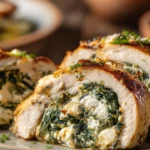 Spinach and feta stuffed chicken breast sliced with creamy filling