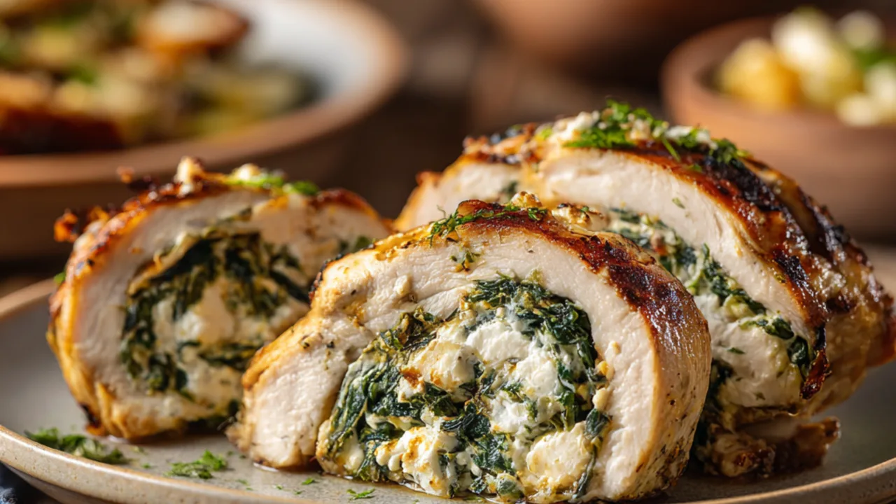 Spinach and feta stuffed chicken breast sliced with creamy filling