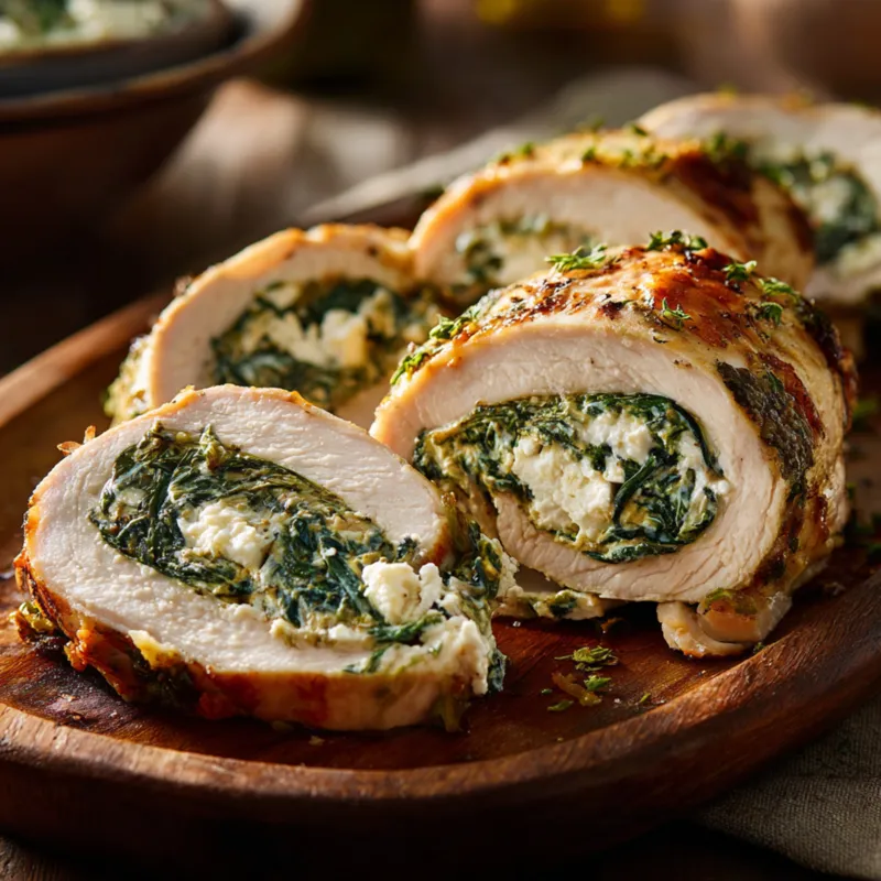 Sliced chicken roll stuffed with spinach and feta cheese