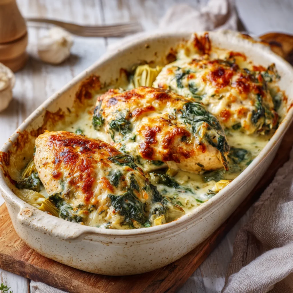 creamy spinach artichoke chicken with melted cheese topping
